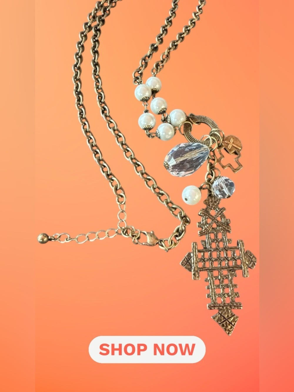 🔥Vintage Style Gold Tone Cross Charm Necklace w/ Faux Pearls & Crystal Beads